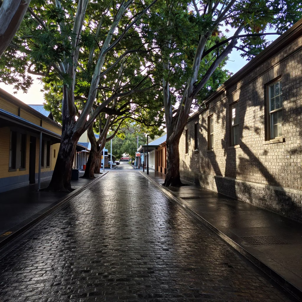 Early Morning Hobart Street Scene with Leaf Shadows and Local Market Activity in in Hobart, Tasmania, Australia