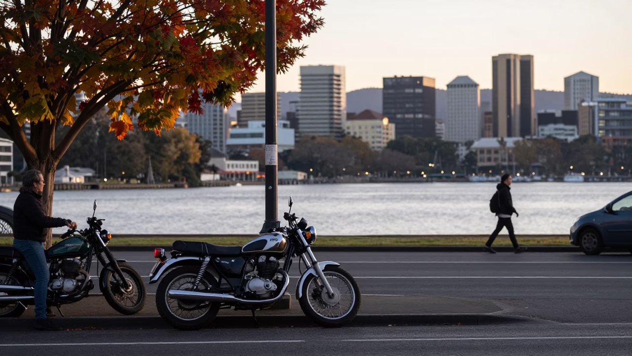 Early Morning Hobart Street Scene with Motorcycle and Autumn Leaves in Tasmania in in Hobart, Tasmania, Australia