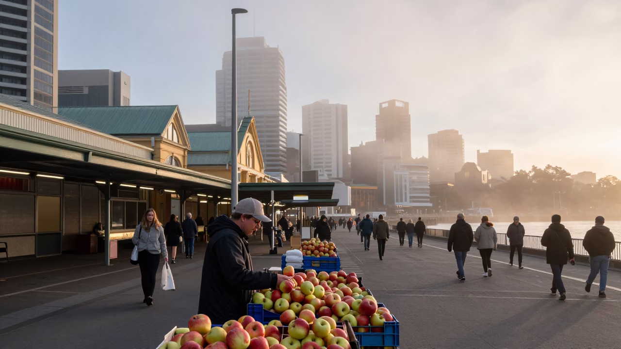 Early Morning Hobart Street Scene with Queen Victoria Market Stalls and Local Produce in in Hobart, Tasmania, Australia