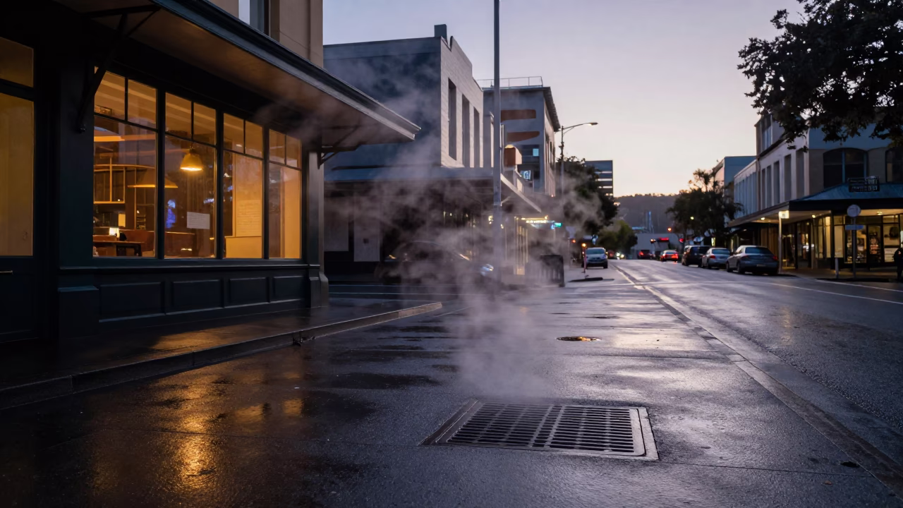 Early Morning Hobart Street Scene with Steam and Urban Details Before Dawn in in Hobart, Tasmania, Australia