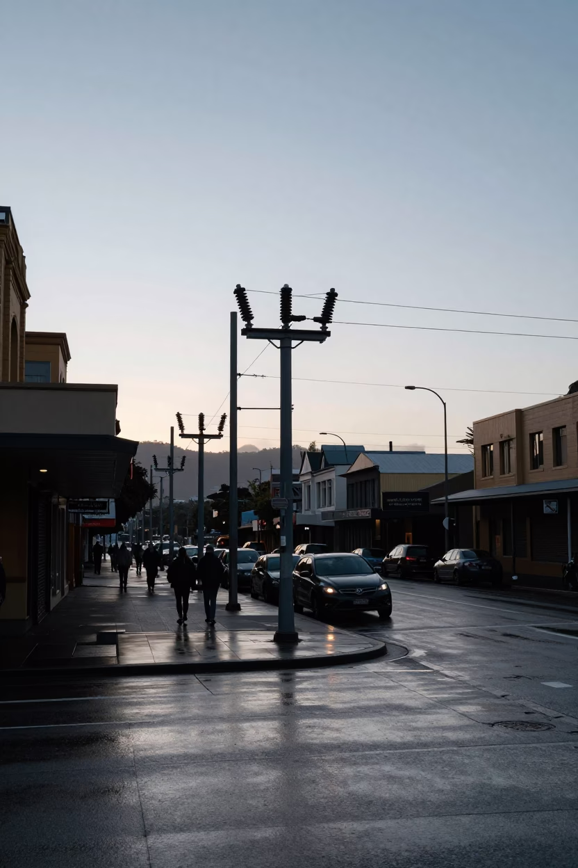 Early Morning Hobart Street Scene with Substation Insulators and Local Architecture in in Hobart, Tasmania, Australia