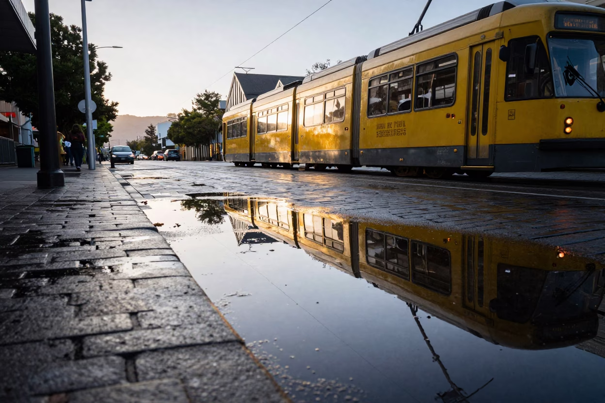 Early Morning Hobart Street Scene with Tram Reflection and Vintage Details in in Hobart, Tasmania, Australia