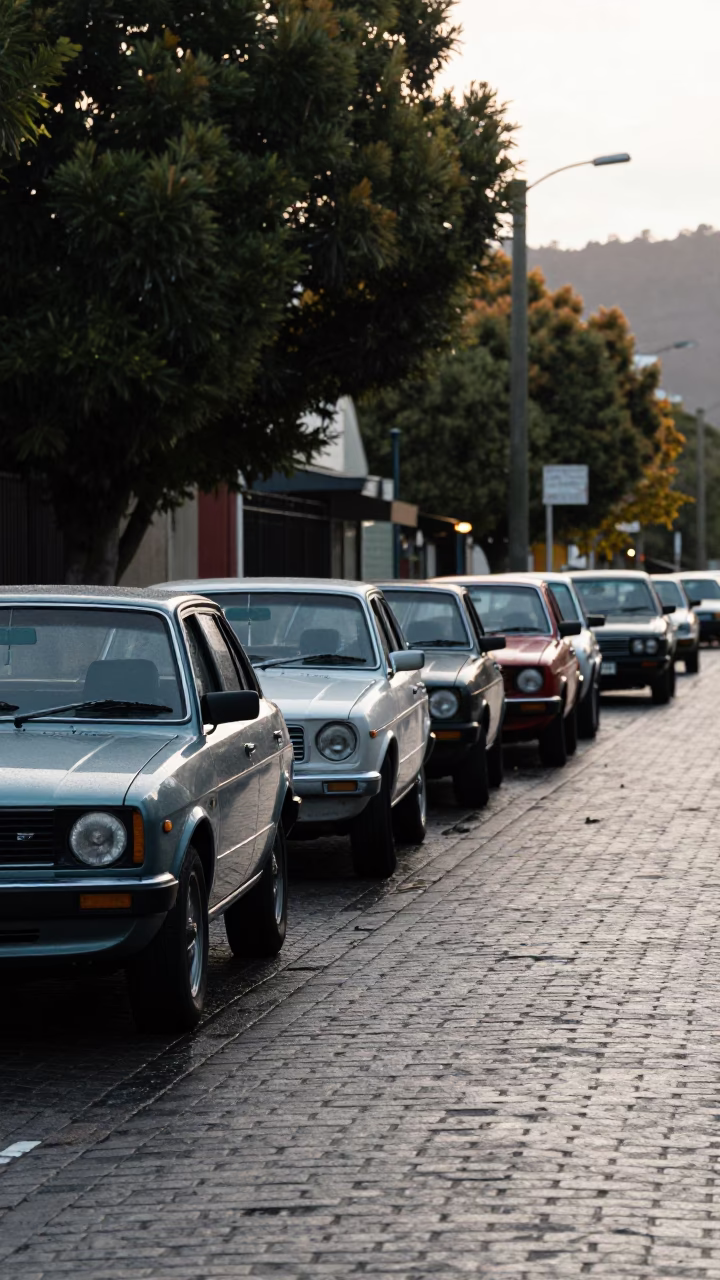 Early Morning Hobart Street Scene with Vintage 1980s Cars and Cobblestone Pavement in in Hobart, Tasmania, Australia