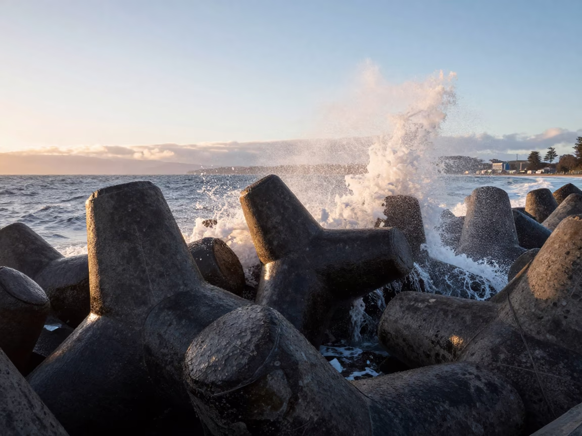 Early Morning Hobart Tasmania Australia Breakwater Tetrapods with Winter Surf Spray in in Hobart, Tasmania, Australia