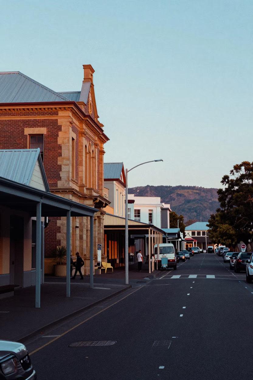 Early Morning Hobart Tasmania Australia Street Scene Before Sunrise with Vintage 1970s Atmosphere in in Hobart, Tasmania, Australia