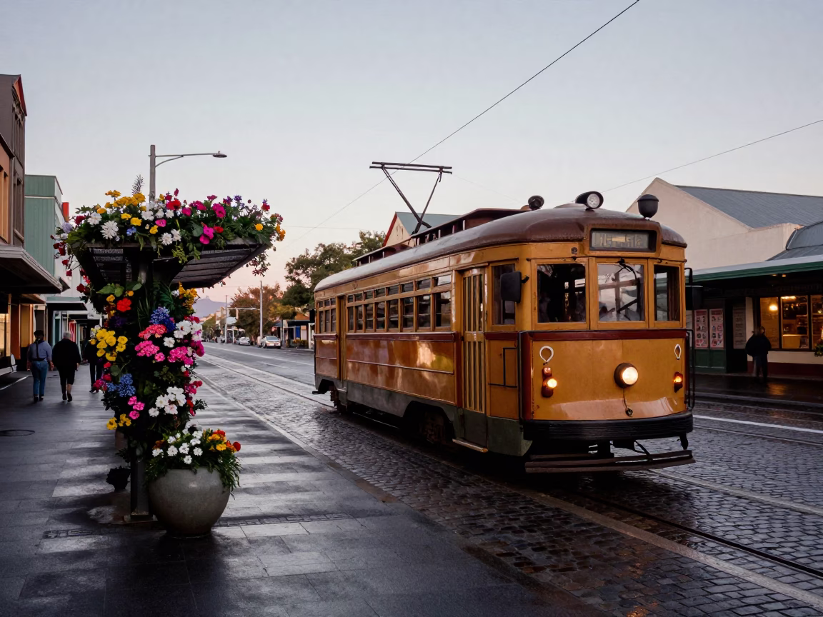 Early Morning Hobart Tasmania Australia Street Scene with Tram and Flower Market in in Hobart, Tasmania, Australia