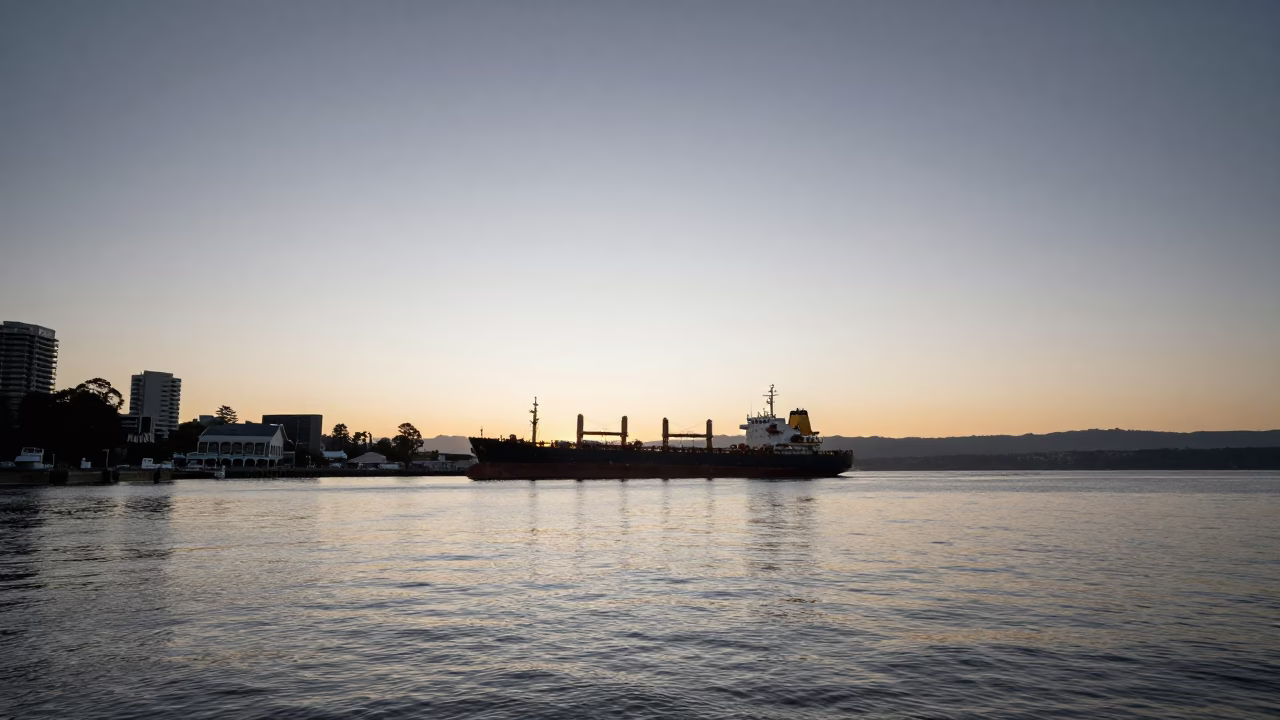 Early Morning Hobart Tasmania Harbor View with Vintage Tanker Ship Docked at Refinery in in Hobart, Tasmania, Australia