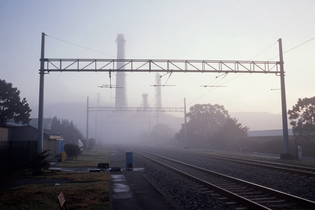 Early Morning Hobart Tasmania Industrial Fog and Rail Catenary System Receding in in Hobart, Tasmania, Australia