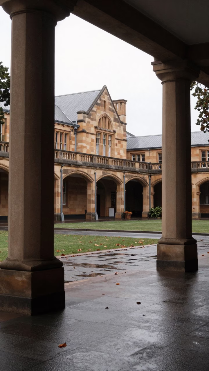 Early Morning Hobart Tasmania Landscape Scene with University Arcade and Wet Leaves in in Hobart, Tasmania, Australia