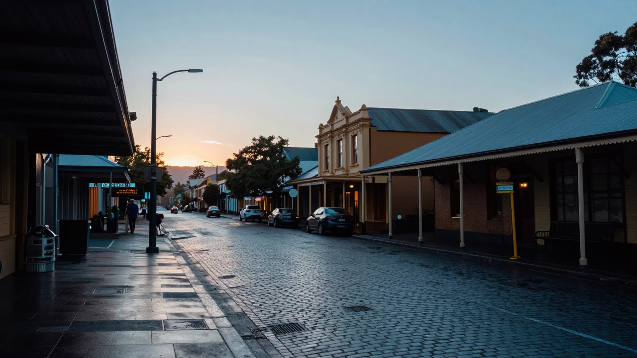 Early Morning Hobart Tasmania Street Scene Before Sunrise with Vintage 1990s Details in in Hobart, Tasmania, Australia