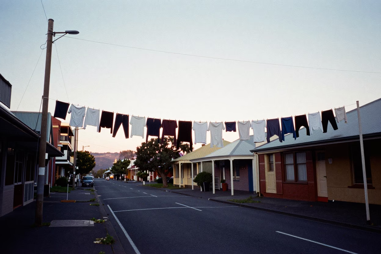 Early Morning Hobart Tasmania Street Scene with Clothesline and Substation Road in in Hobart, Tasmania, Australia