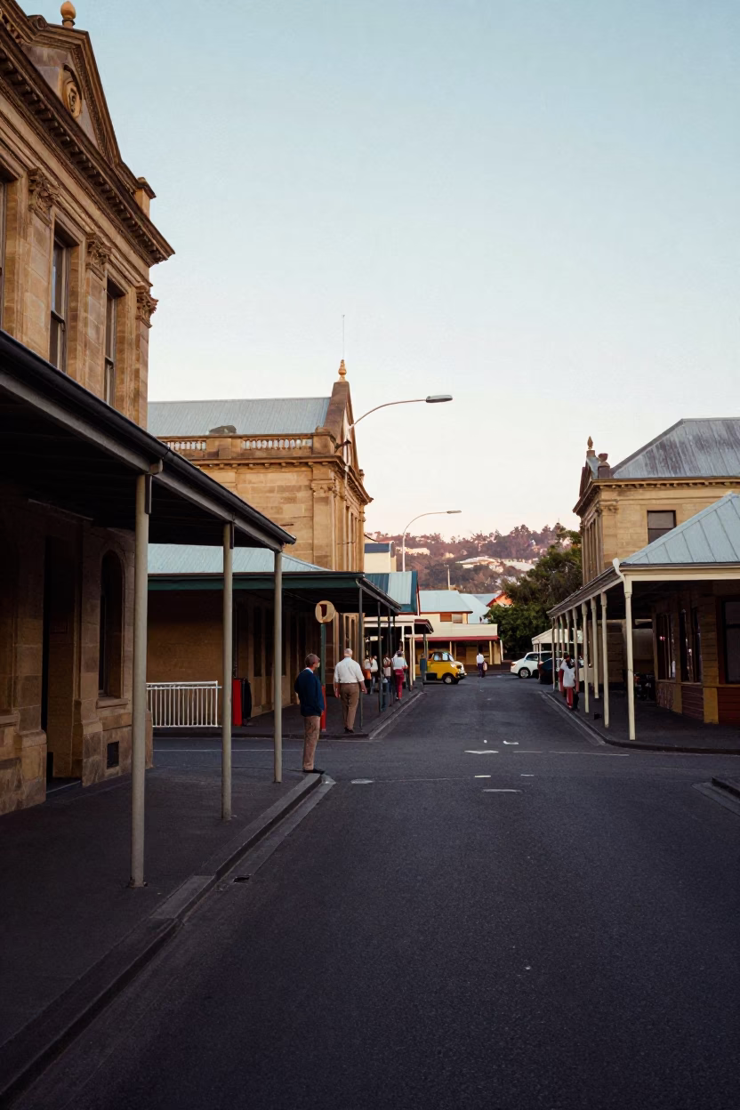 Early Morning Hobart Tasmania Street Scene with Vintage 1970s Aesthetic and Local Details in in Hobart, Tasmania, Australia