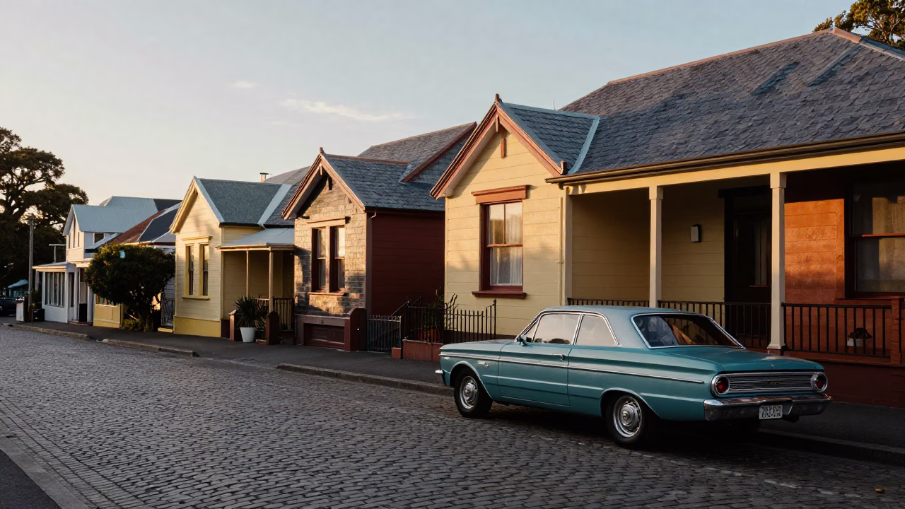 Early Morning Hobart Tasmania Street Scene with Vintage 1970s Details and Local Architecture in in Hobart, Tasmania, Australia