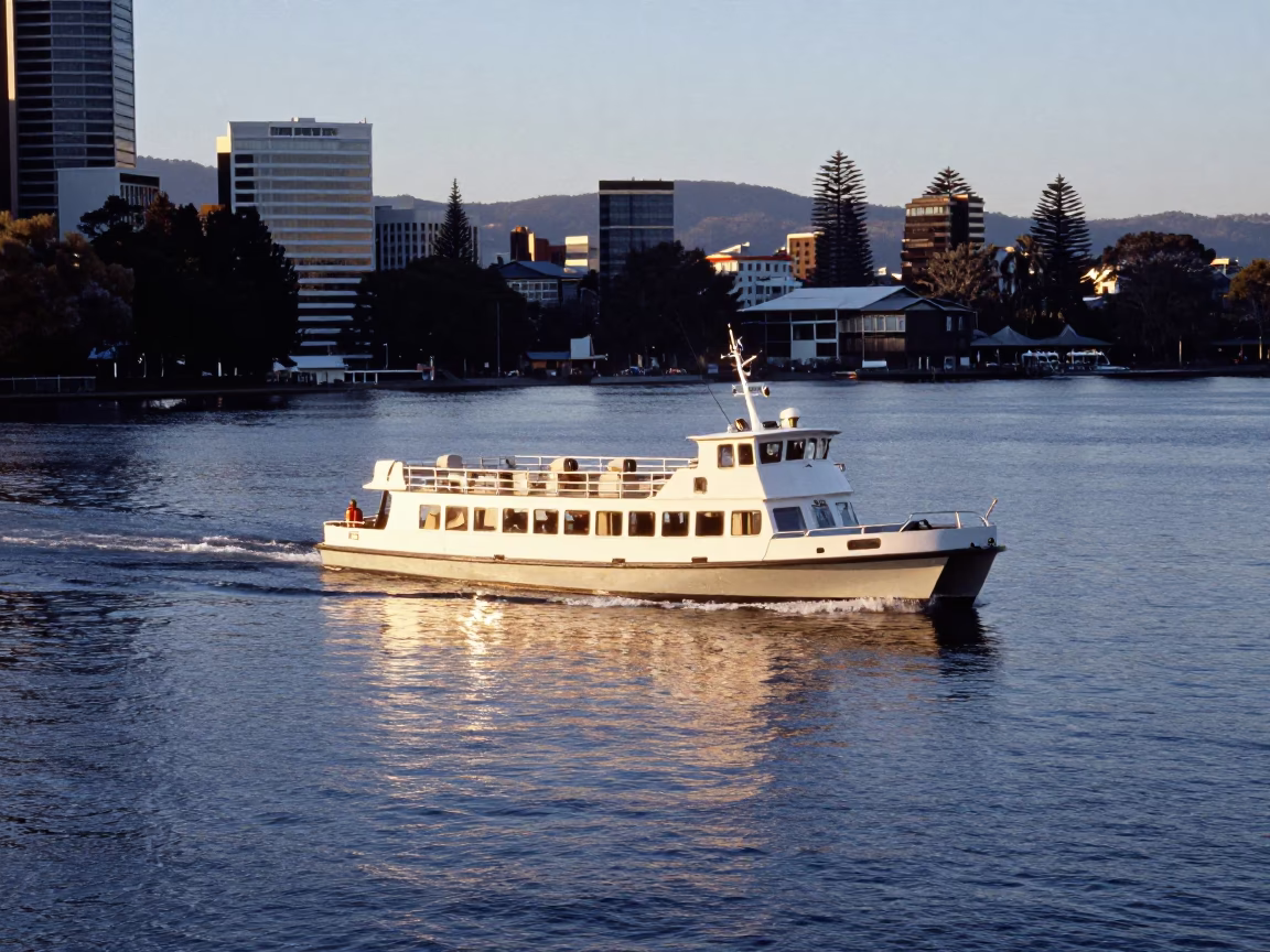 Early Morning Hobart Water Taxi Navigating the Derwent River Past Historic Wharves in in Hobart, Tasmania, Australia