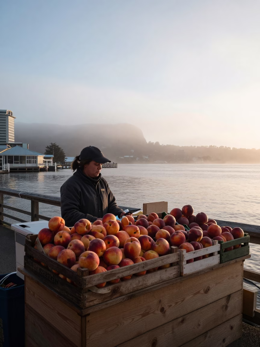 Early Morning Hobart Wharf Market Stall with Local Produce and Tool Caddies in in Hobart, Tasmania, Australia
