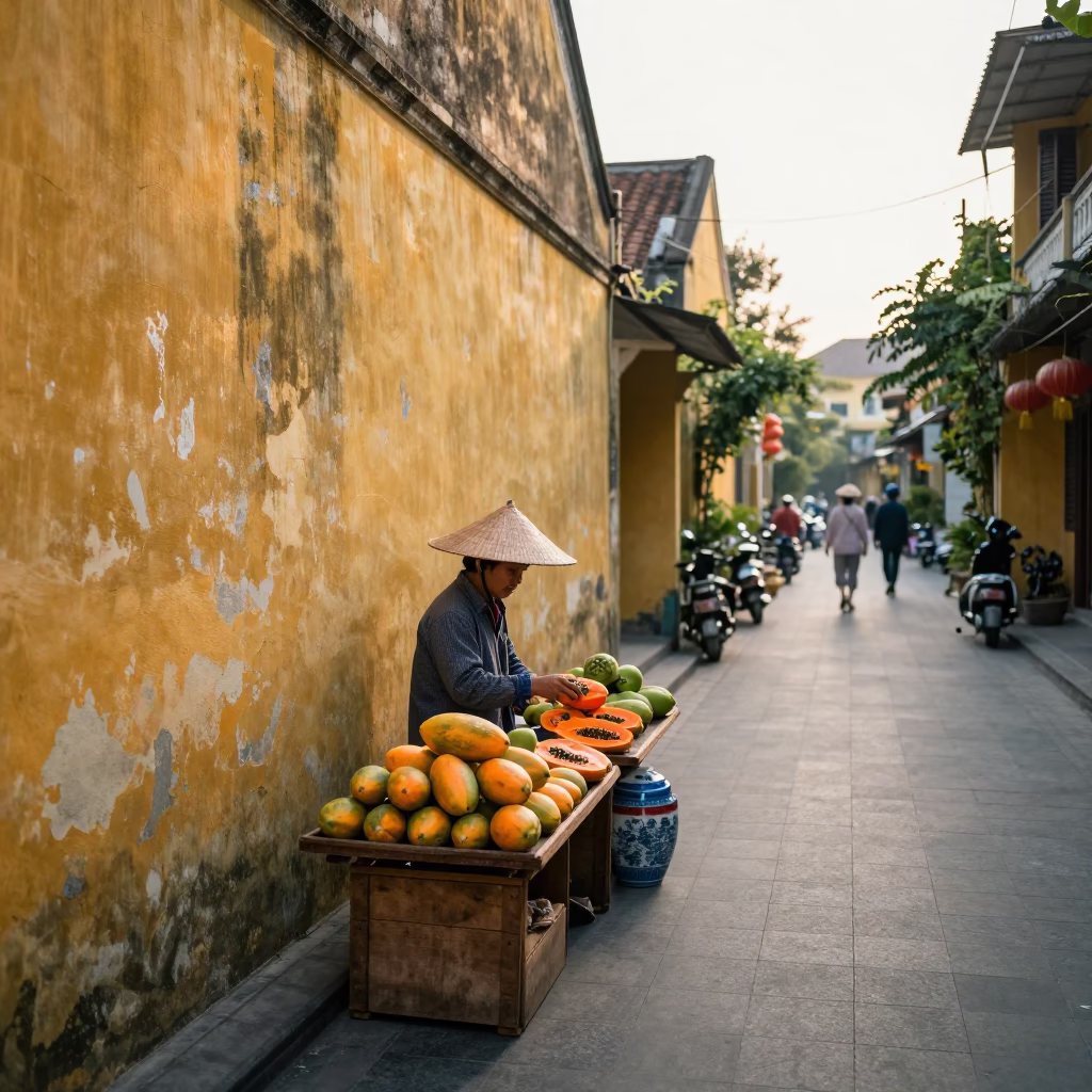 Early Morning Hoi An Alley with Fruit Vendor and Ceramic Mugs in in Hoi An, Vietnam