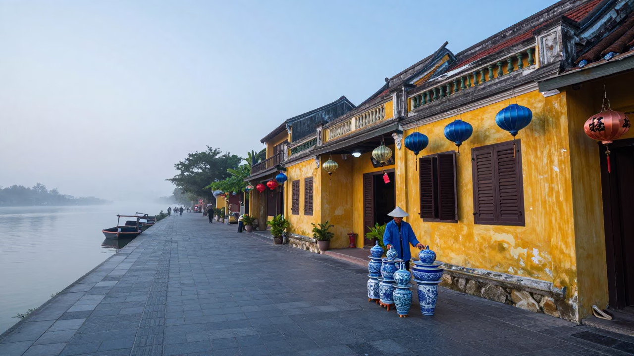 Early Morning Hoi An Lantern Street Scene with Blue Porcelain and River Bridge in in Hoi An, Vietnam