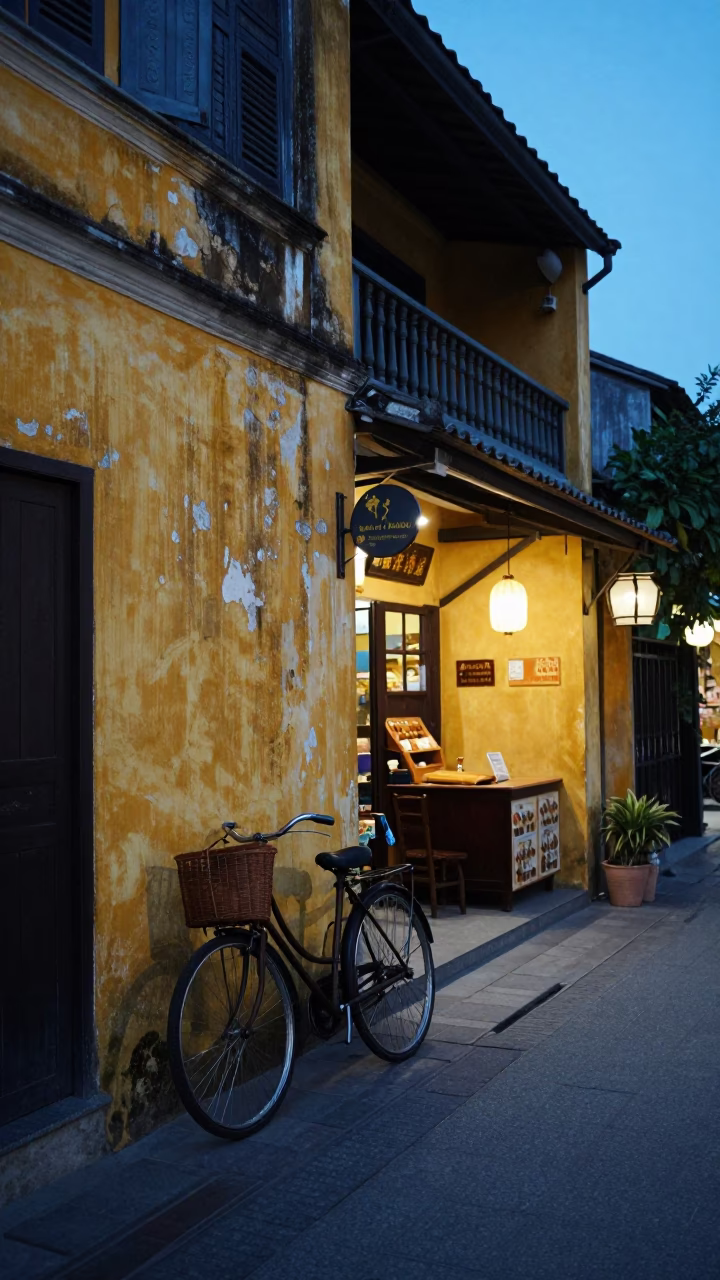 Early Morning Hoi An Street Scene with Bicycle and Bakery Before Dawn in in Hoi An, Vietnam