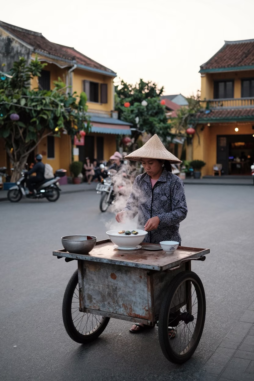 Early Morning Hoi An Street Scene with Congee and Century Egg Breakfast in in Hoi An, Vietnam