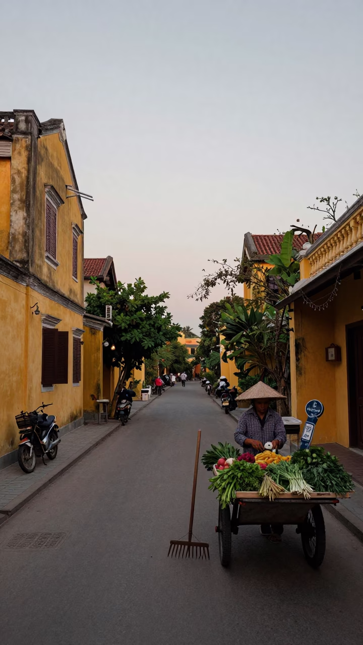 Early Morning Hoi An Street Scene with Garden Rake and Clay Pots in in Hoi An, Vietnam