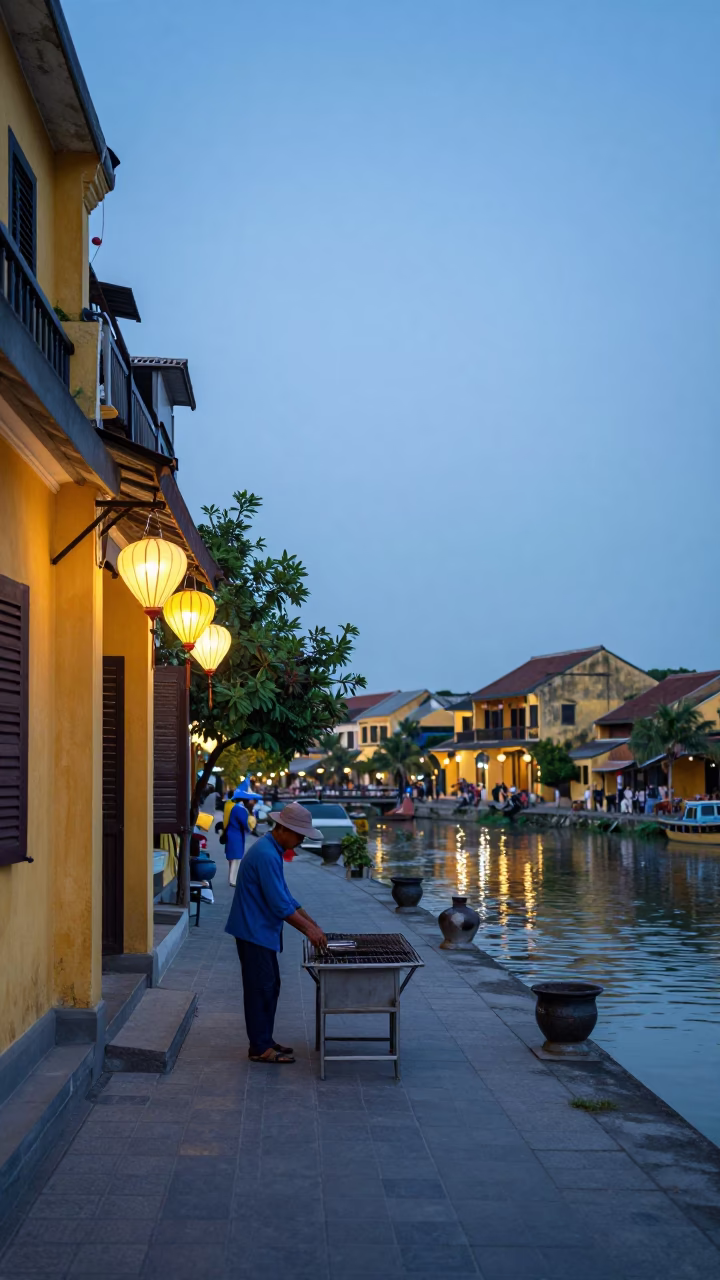 Early Morning Hoi An Street Scene with Lanterns and Local Vendor Activity in in Hoi An, Vietnam