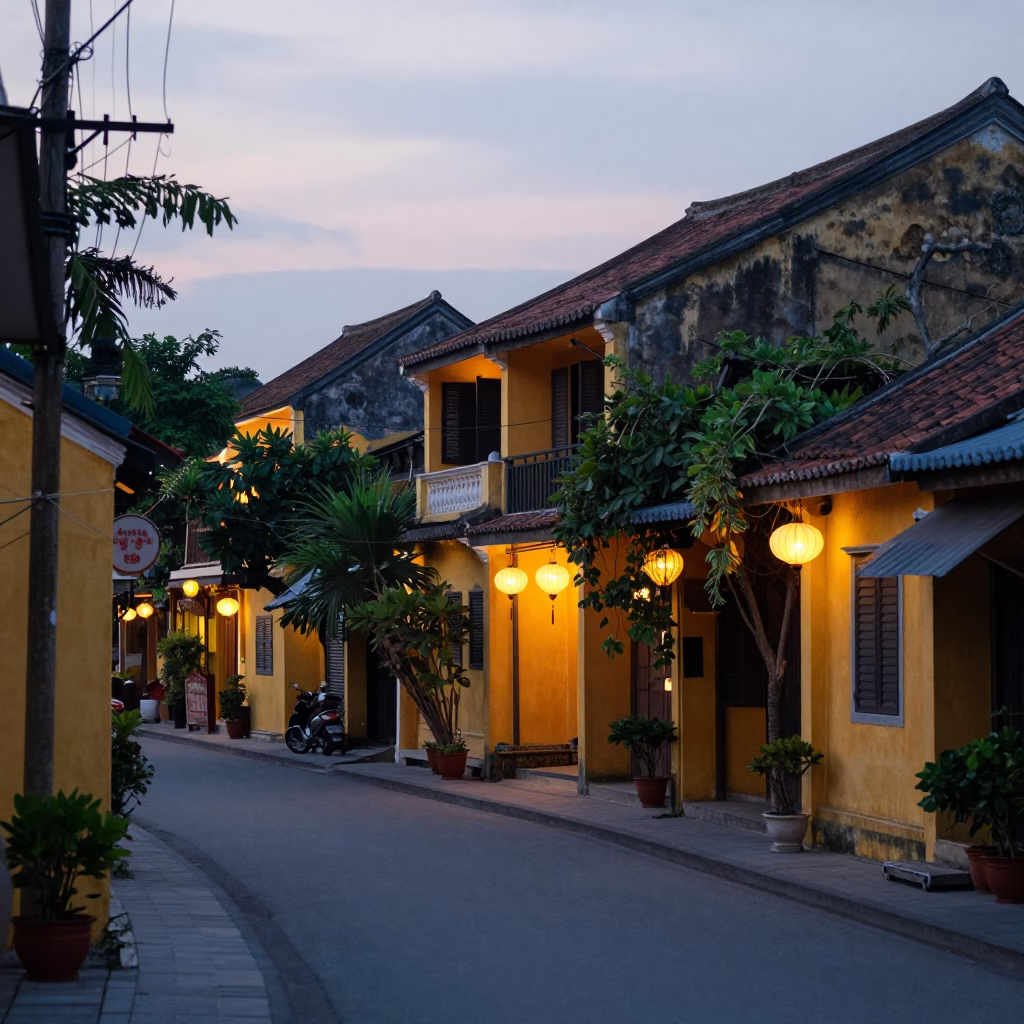 Early Morning Hoi An Street Scene with Lanterns and Morning Coffee in in Hoi An, Vietnam