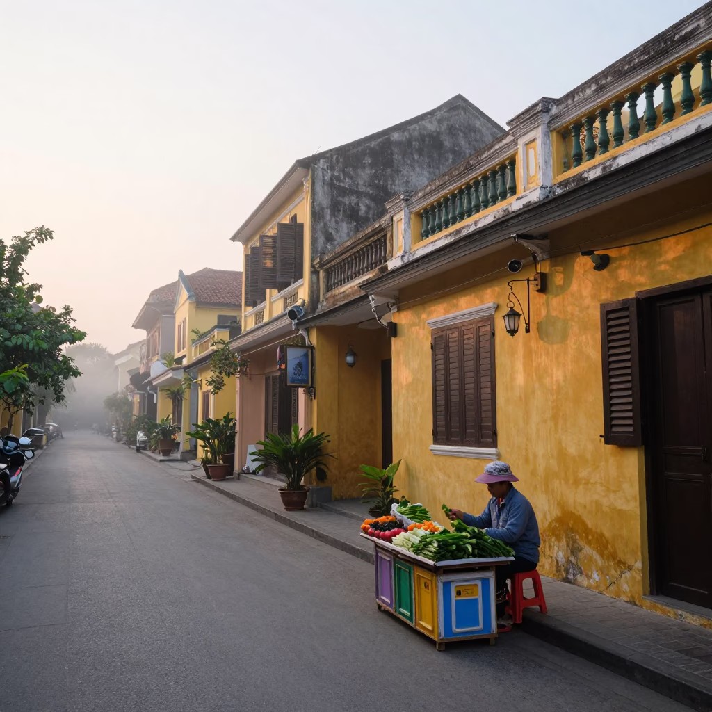 Early Morning Hoi An Street Scene with Painted Crate and Local Market Activity in in Hoi An, Vietnam