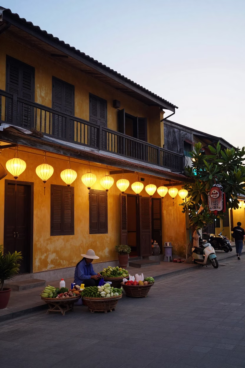 Early Morning Hoi An Street Scene with Paper Lanterns and Local Commerce in in Hoi An, Vietnam