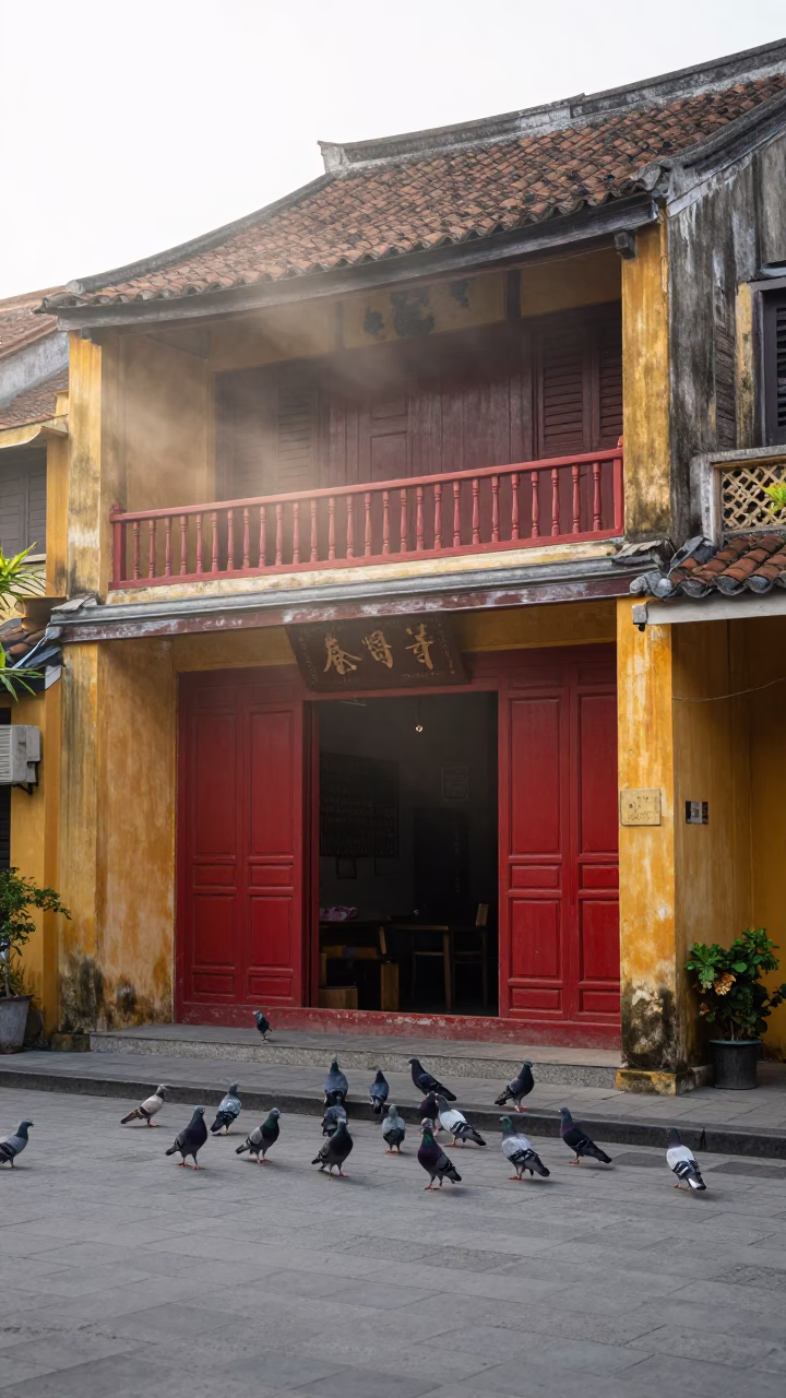 Early Morning Hoi An Street Scene with Red Lacquered Wood and Pigeons in in Hoi An, Vietnam
