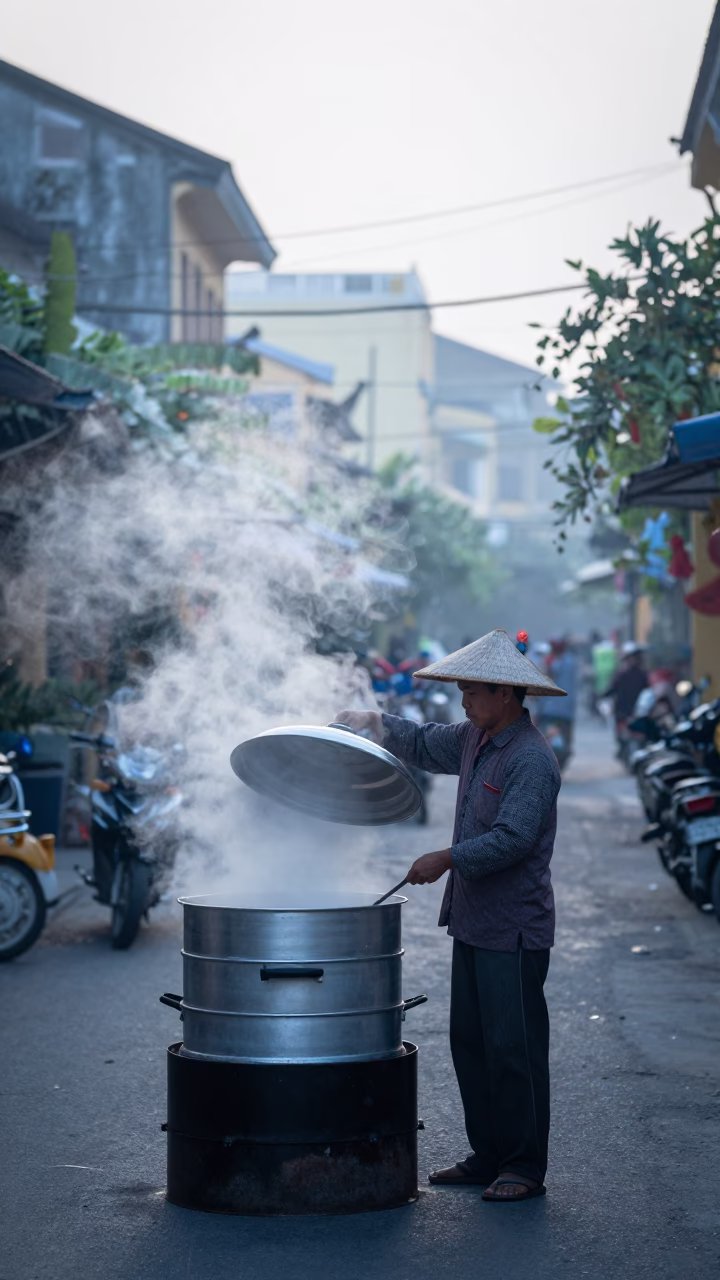 Early Morning Hoi An Street Scene with Steam Haze and Local Breakfast Vendor in in Hoi An, Vietnam