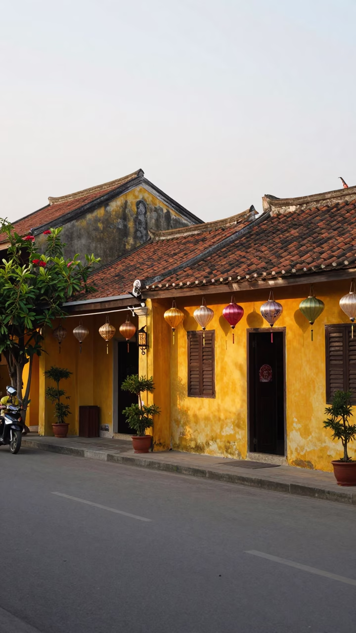 Early Morning Hoi An Street Scene with Traditional Lanterns and Local Vendor in in Hoi An, Vietnam