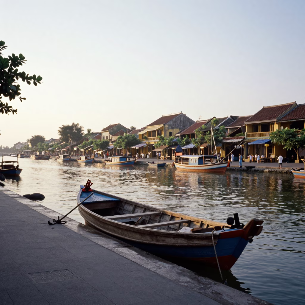 Early Morning Hoi An Street Scene with Wooden Fishing Boat and Weathered Plaster Walls in in Hoi An, Vietnam