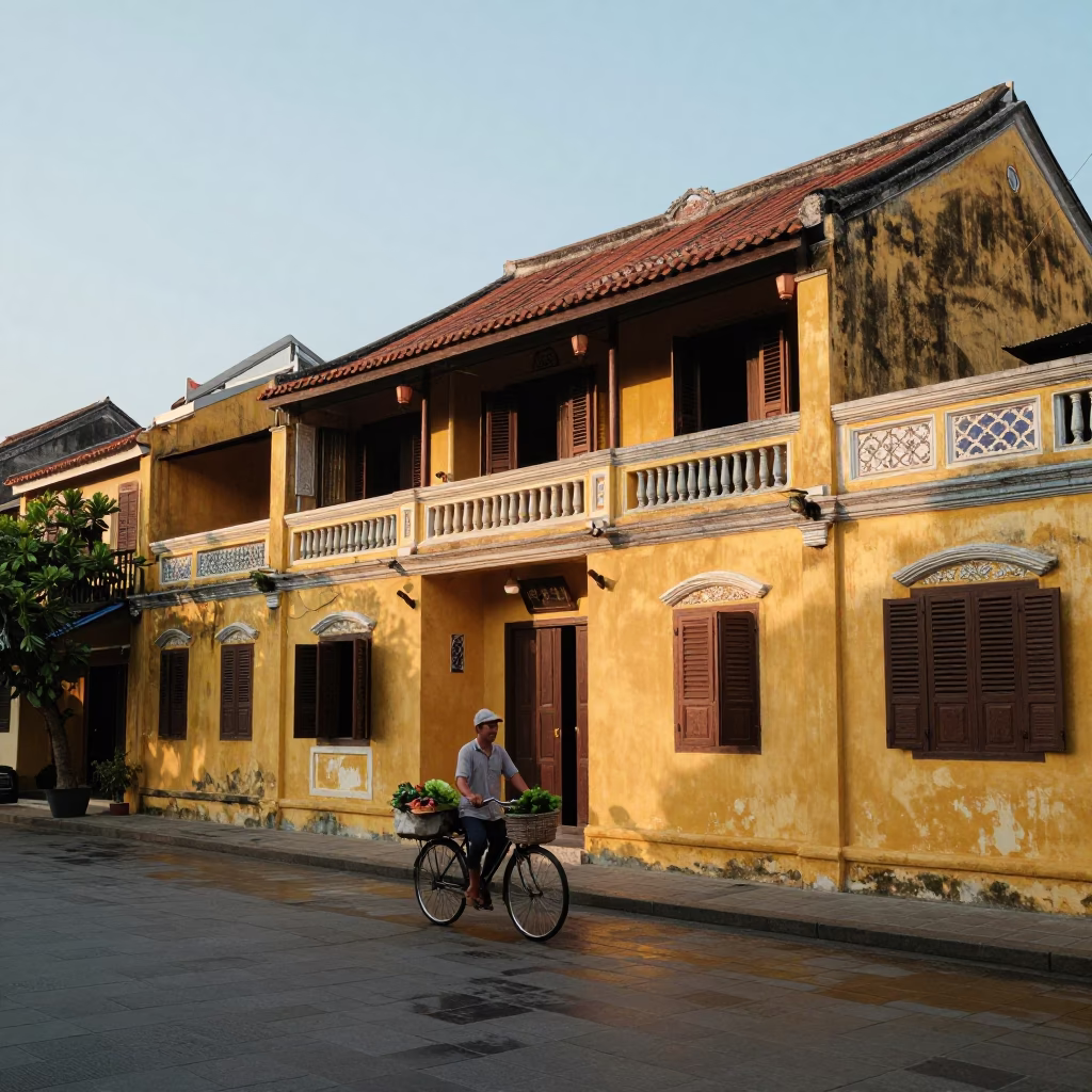 Early Morning Hoi An Street Scene with Yellow Buildings and Bicycle in in Hoi An, Vietnam