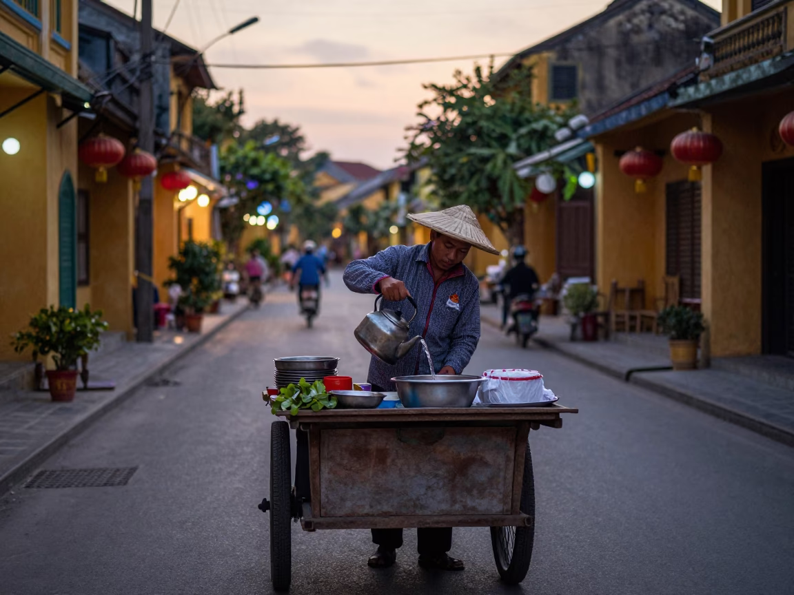 Early Morning Hoi An Street Vendor Preparing Tea Before Dawn with Porcelain Jars in in Hoi An, Vietnam