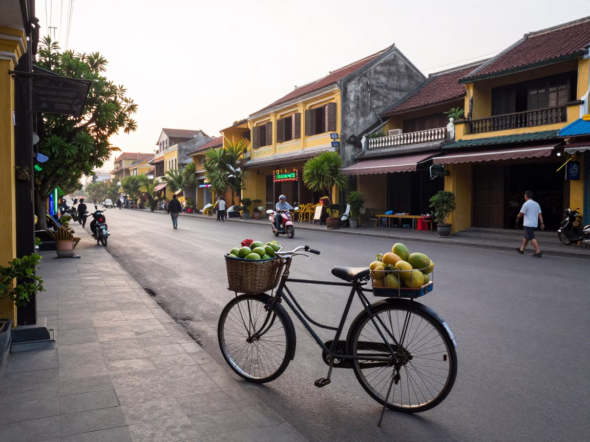 Early Morning Hoi An Vietnam Street Scene with Bicycle Basket and Lush Succulent Wall in in Hoi An, Vietnam