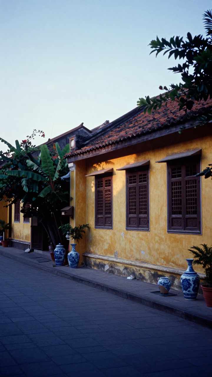 Early Morning Hoi An Vietnam Street Scene with Blue Porcelain and Geraniums in in Hoi An, Vietnam
