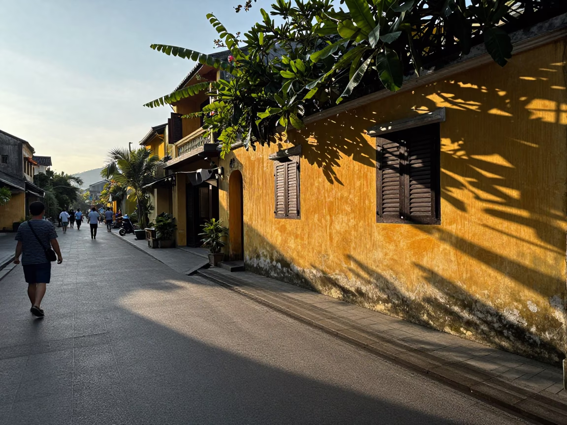 Early Morning Hoi An Vietnam Street Scene with Condensation and Shadows in in Hoi An, Vietnam