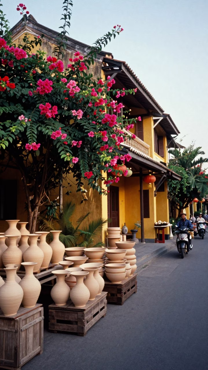 Early Morning Hoi An Vietnam Street Scene with Flowering Plants and Pottery Market Wares in in Hoi An, Vietnam