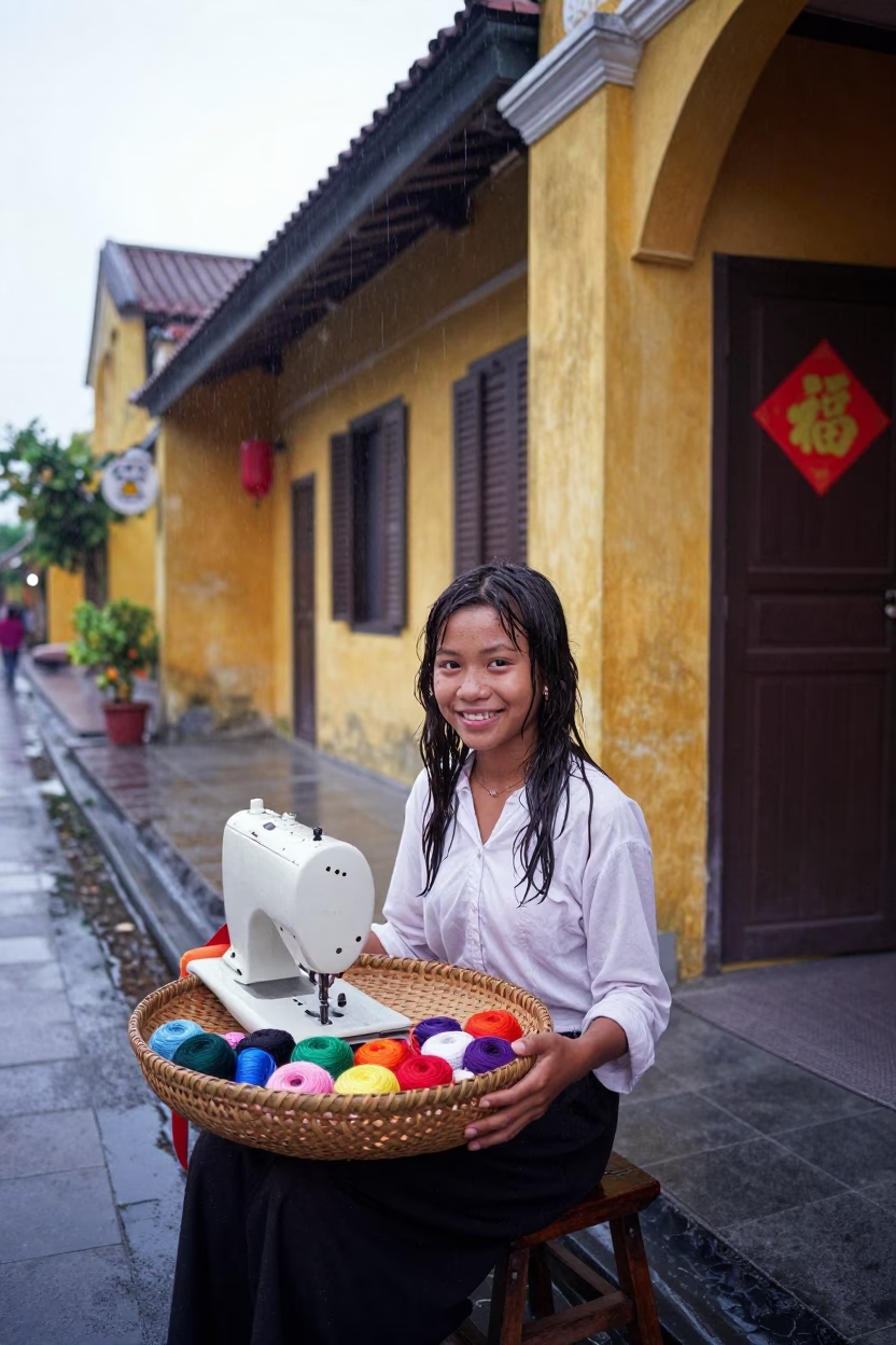 Early Morning Hoi An Vietnam Street Scene with Girl and Sewing Baskets in in Hoi An, Vietnam