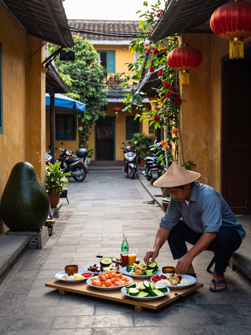 Early Morning Hoi An Vietnam Street Scene with Local Breakfast and Avocado Tree in in Hoi An, Vietnam