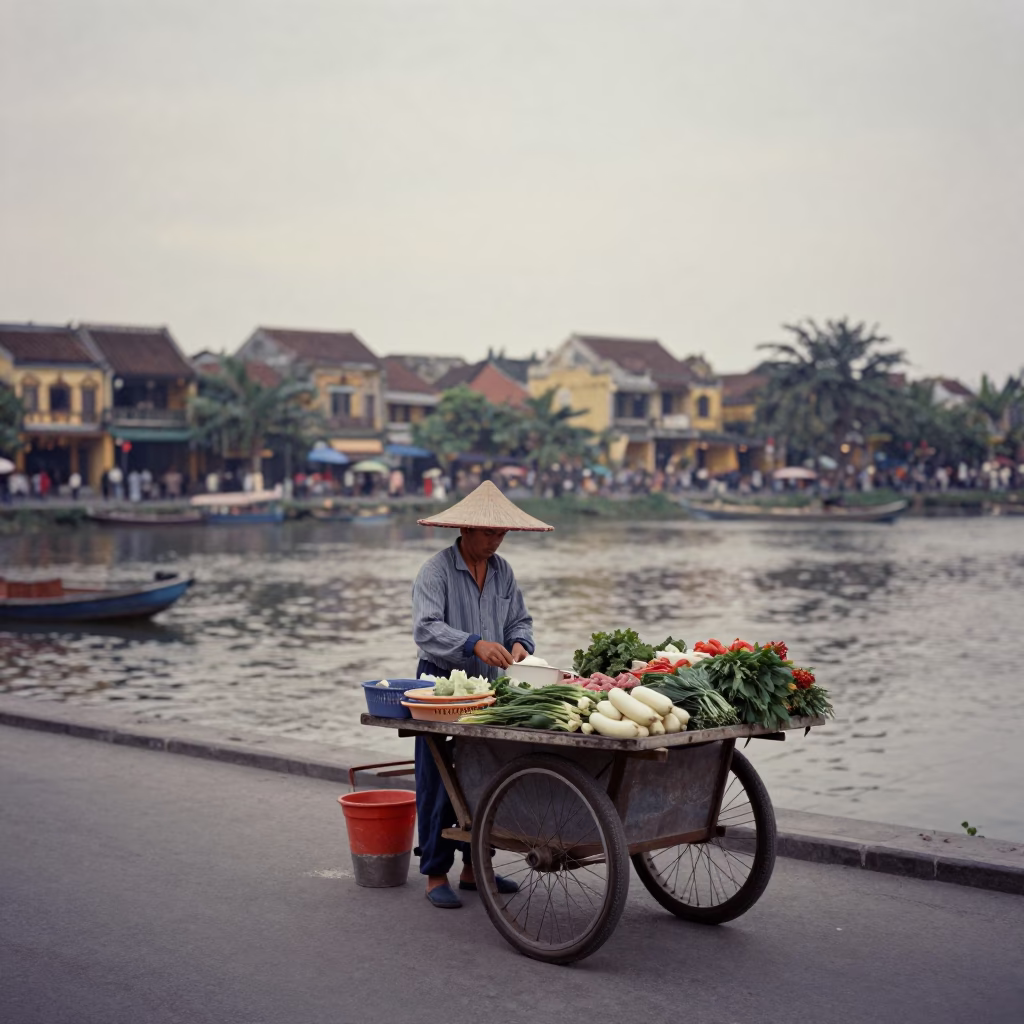 Early Morning Hoi An Vietnam Street Scene with Local Food Vendor and Traditional Lanterns in in Hoi An, Vietnam