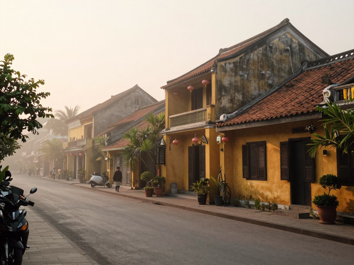 Early Morning Hoi An Vietnam Street Scene with Padlock and Morning Light in in Hoi An, Vietnam