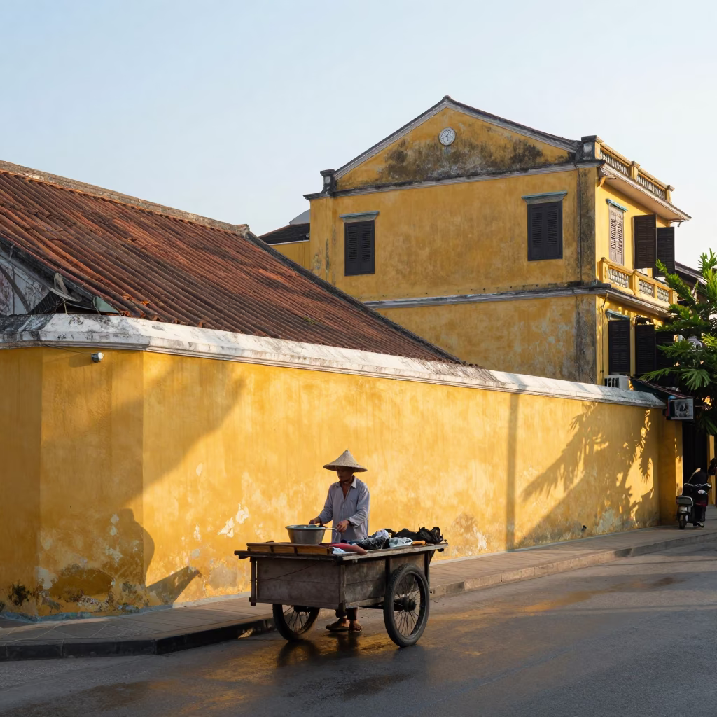 Early Morning Hoi An Vietnam Street Scene with Yellow Buildings and Local Commerce in in Hoi An, Vietnam