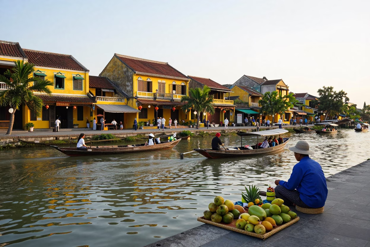 Early Morning Hoi An Vietnam Street Scene with Yellow Buildings and Local Market Activity in in Hoi An, Vietnam