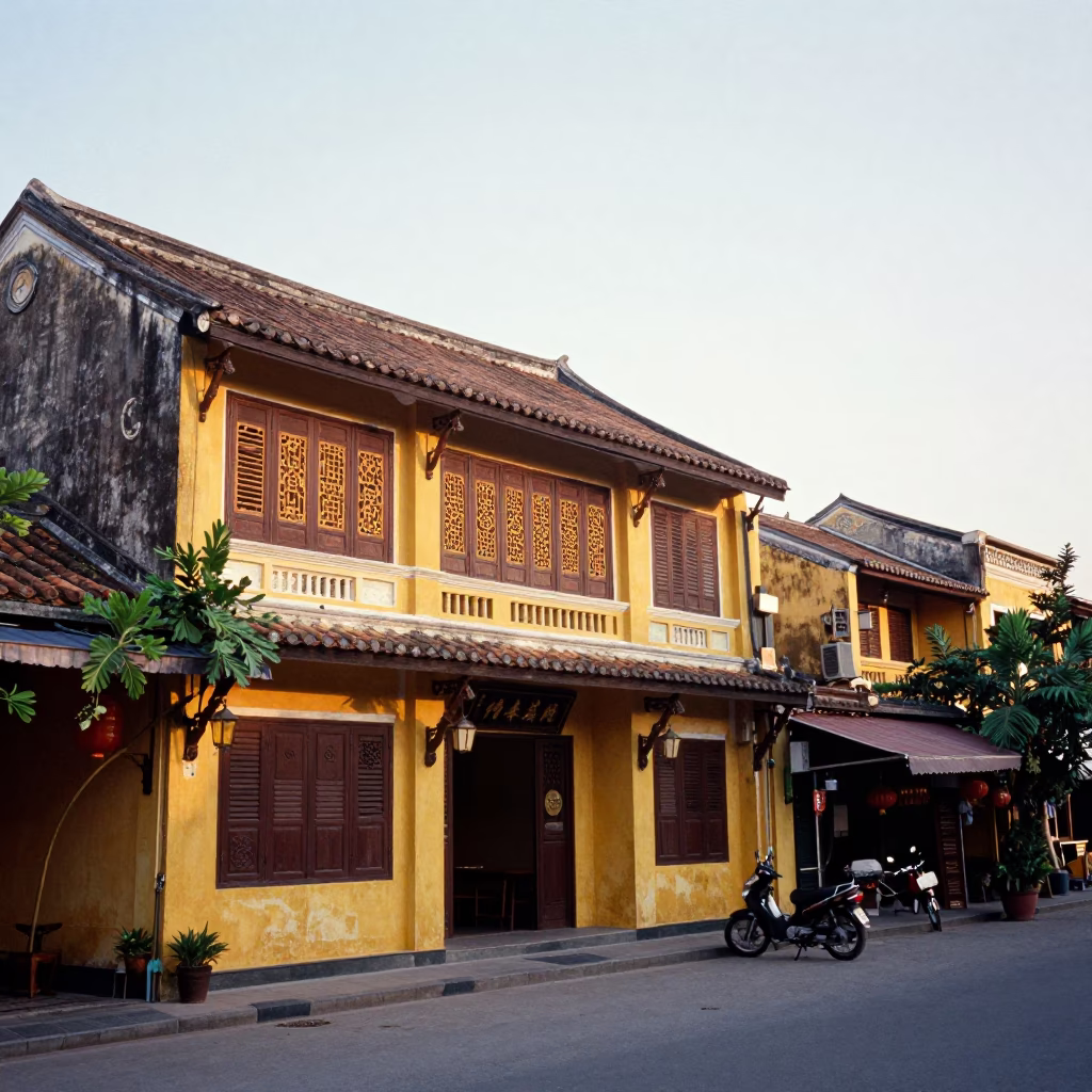 Early Morning Hoi An Vietnam Street Scene with Yellow Buildings and Scooter in in Hoi An, Vietnam