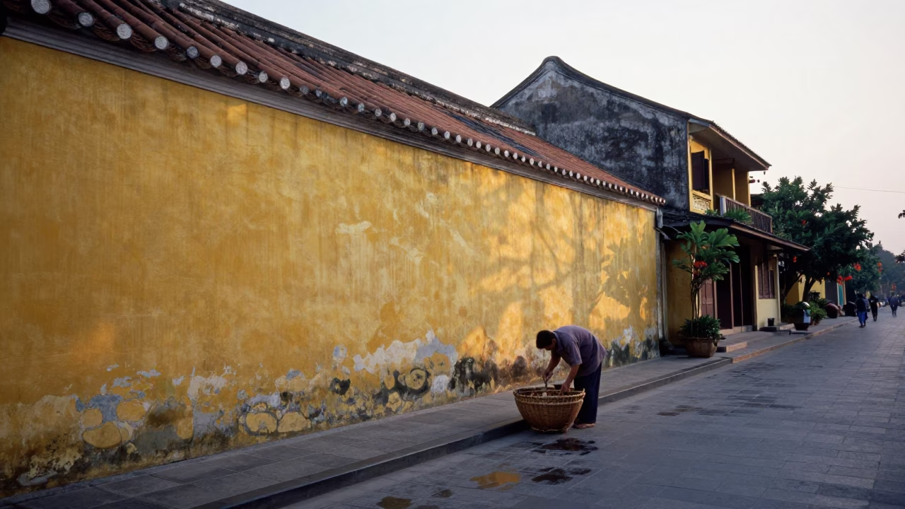 Early Morning Hoi An Vietnam Street Scene with Yellow Walls and Bamboo Basket Weaver in in Hoi An, Vietnam