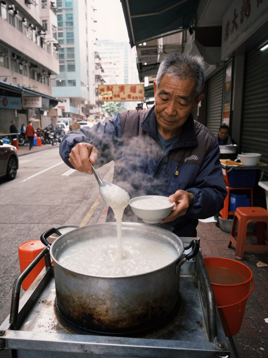 Early Morning Hong Kong Street Food Vendor Serving Congee with Crispy Shallots in in Hong Kong, Hong Kong