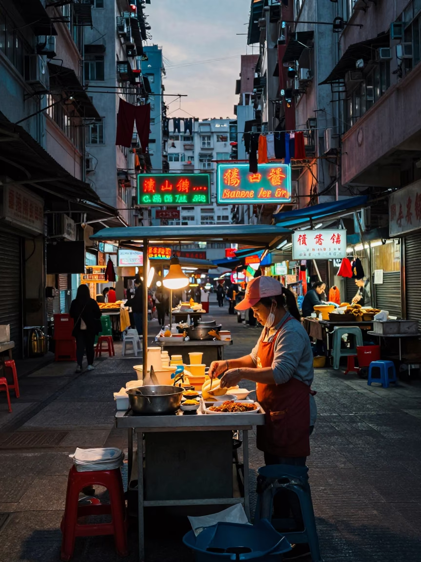 Early Morning Hong Kong Street Market Vendor Preparing Food Before Sunrise in in Hong Kong, Hong Kong