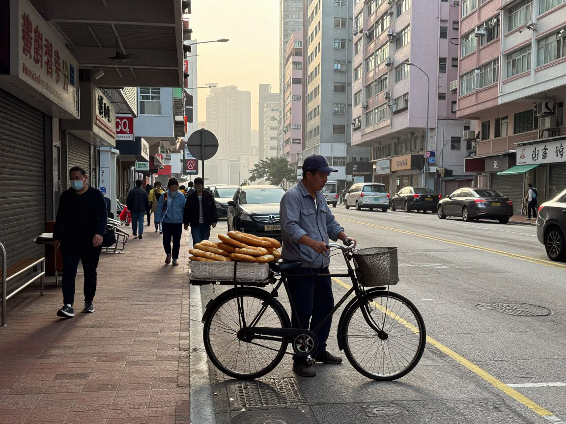 Early Morning Hong Kong Street Scene with Baker and Bicycle Laden with Baguettes in in Hong Kong, Hong Kong
