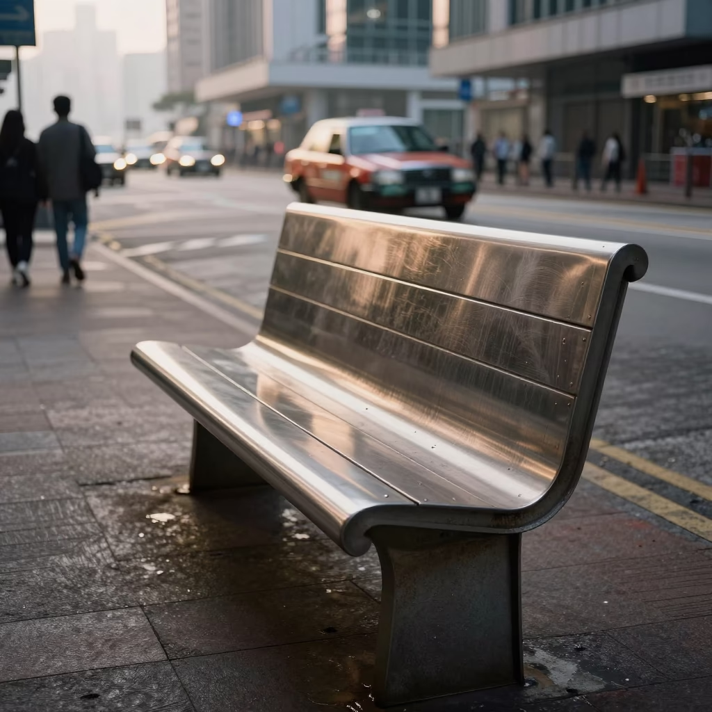 Early Morning Hong Kong Street Scene with Brushed Steel Bench and Fruit Crates in in Hong Kong, Hong Kong